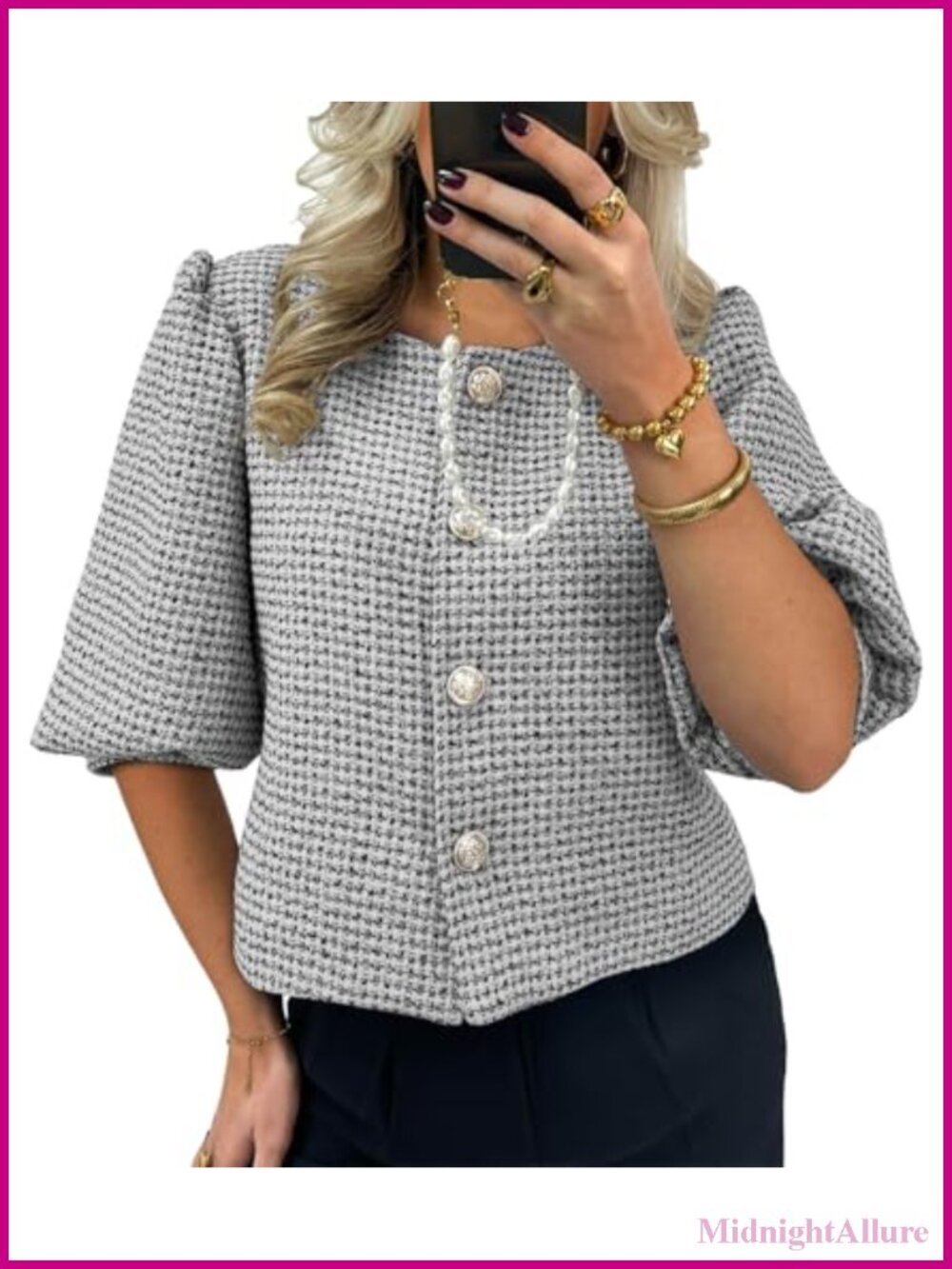 Cropped Tweed Blazer Puff Sleeve Business Suit Jacket